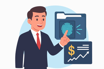 Poster - Businessman in suit using biometric fingerprint scan for secure digital access to financial records, data security, authentication, business analytics, finance technology vector illustration