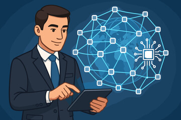 Poster - Businessman using digital tablet with blockchain network, microchip icon, global connections, technology and innovation concept, cartoon vector, futuristic fintech business illustration