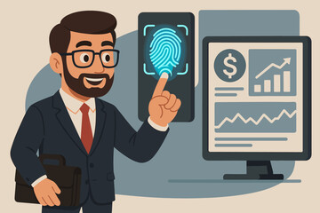 Poster - Businessman using biometric fingerprint scan for secure financial data access. Vector illustration of office worker with briefcase authenticating to access financial analytics and report screen.