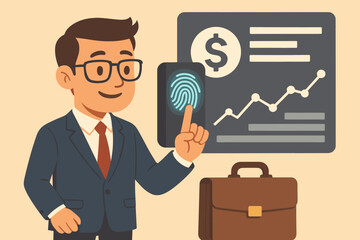 Poster - Businessman using biometric fingerprint authentication for secure financial data access, digital security, fintech, finance analytics, cybersecurity, business growth concept, vector illustration