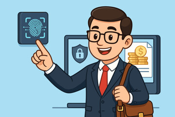 Poster - Businessman using biometric fingerprint scanner for secure access to financial data, online banking, cybersecurity, digital identity verification, secure login, cartoon vector illustration