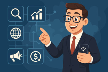 Poster - Businessman in Suit Interacting with Virtual Interface for Digital Marketing, Data Analytics, Mobile Payments, Web Search, Networking, Online Business Growth, Finance, and Communication Icons Vector