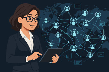 Poster - Businesswoman using digital tablet analyzing global customer network, data exchange, social connections, communication, worldwide business strategy, technology interface, vector illustration