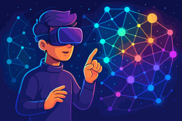 Aufkleber - Man in VR glasses interacting with a futuristic metaverse. Colorful network visualization of big data. Vector cartoon illustration of virtual reality technology and cyberspace.