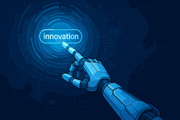 Poster - Futuristic robotic hand pressing innovation button on digital virtual interface. Artificial intelligence, hi-tech technology, automation, cybernetics, machine learning, progress, blue background