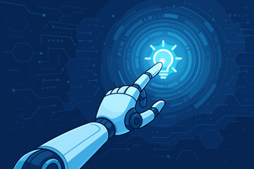 Poster - Futuristic robotic arm AI touching glowing light bulb idea on digital screen interface. Concept of innovation, artificial intelligence, technology, creativity, solution, and future connection.