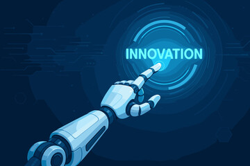 Poster - Futuristic robotic hand touches glowing innovation button on digital virtual interface. Artificial intelligence, technology advancement, automation concept. Modern AI robot finger interaction.