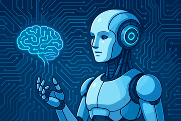 Poster - Futuristic Artificial Intelligence Robot with Circuit Board Brain, Digital Neural Network, High Tech Innovation, Blue Technology Background, Machine Learning Automation, Vector Cartoon Illustration