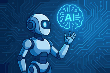 Poster - Futuristic robot using artificial intelligence, glowing blue digital brain, advanced technology, cartoon vector illustration, innovation, robotics, circuit board, modern AI concept background