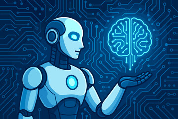 Poster - Futuristic artificial intelligence robot holding digital brain. Technology concept. Blue circuit board background. AI machine learning, innovation, automation, neural network vector illustration