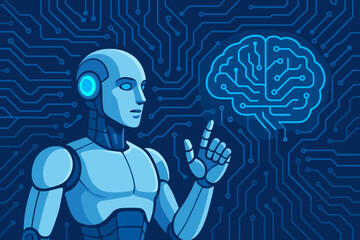 Poster - Futuristic Artificial Intelligence Robot and Digital Brain Circuit Board Illustration. Advanced AI Technology, Automation, Machine Learning, Neural Networks Concept, Blue Electronic Background Vector
