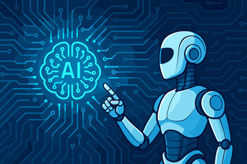 Poster - Futuristic artificial intelligence concept with humanoid robot touching glowing AI brain, digital blue circuit board background, technology innovation, automation, robotics illustration, vector art