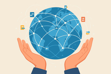 Aufkleber - Global data exchange, network connections, worldwide internet communication in human hands. Digital technology, information flow, cloud computing, connectivity, global network infrastructure vector