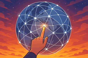 Aufkleber - hand touching global digital network nodes, worldwide data exchange connection, telecommunication te