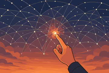 Poster - Hand Touching Glowing Node Connecting Global Network. Data Exchange, Internet Communication, Digital Web, Telecommunication Concept on Sunset Sky. Futuristic Technology Vector Illustration