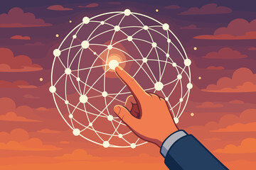 Aufkleber - Hand touching glowing node on global network sphere, digital connection, data sharing, internet technology, worldwide communication, telecommunication, sunset sky, vector illustration