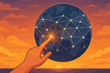 Aufkleber - Hand Touching Global Network Connections on Earth at Sunset, Internet Data Exchange, Digital World Communication, Telecommunication Concept, Networking Technology, Vector Illustration