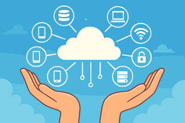Fototapete - Cloud Computing Data Storage Network Concept. Hands Support Secure Cloud Technology, Mobile Devices, Laptops, Servers, Database, Wireless Internet Connection. Modern Vector Illustration