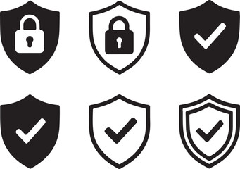 Poster - Shield Icons Depicting Security Measures Lock and Checkmark Designs for Data Protection and Confirmation Processes with Black and White Elements