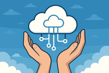 Poster - Hands Holding Cloud Computing Icon Network, Symbolizing Secure Online Data Storage, Digital Technology Integration, Futuristic Connectivity, Vector Illustration Against Blue Sky Background