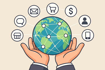 Aufkleber - Hands Holding Globe with Global Network Connection, Omnichannel Communication, E-commerce Shopping, Finance Symbol, Mobile Device, Messaging, Store, User Icon. Vector Business Concept
