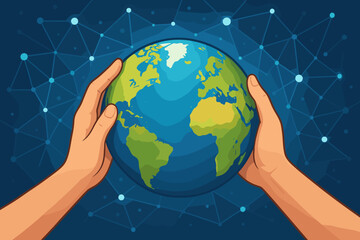 Poster - Human Hands Holding Planet Earth Globe. Global Connection Network. Environmental Protection, Conservation, Unity, Sustainability Concept. Science Technology Background. Vector Illustration