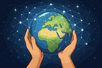 Poster - Human Hands Holding Earth Globe with Global Network Connections, Abstract Science Technology Concept, International Unity, Environmental Conservation, Digital Communication, Vector Illustration