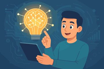 Poster - Artificial Intelligence Innovation Concept. Human Using Tablet and Pointing at Glowing Brain Light Bulb. Neural Network Technology, Creative Idea, Digital Transformation, Future Tech Illustration