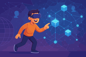 Aufkleber - cartoon man exploring metaverse technology, interacting with blockchain network, virtual reality int