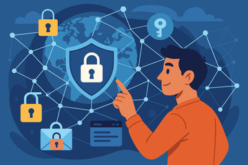Poster - Man interacting with global cybersecurity network interface, digital data protection, encryption concept, secure online access, privacy shield, padlocks, global internet security illustration