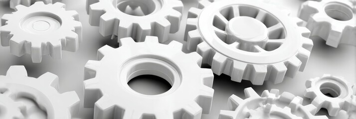 Aufkleber - Abstract Arrangement of White Gears and Cogs Interlocking in a Clean Layout Showcasing Intricate Design and Mechanical Precision