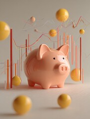 Fototapete - Clay Piggy Bank Surrounded by Abstract Financial Graphs and Colorful Spheres in a Creative Financial Concept