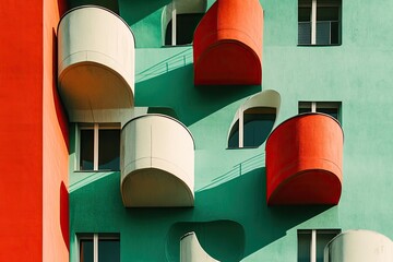 Aufkleber - Abstract building facade with vibrant red and white curved balconies against a teal wall, casting shadows