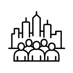 Poster - Community group of people in city skyline vector illustration for urban development projects
