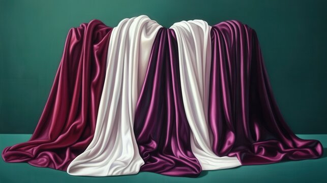 Draped fabrics of varying shades of white and crimson in a  setting.