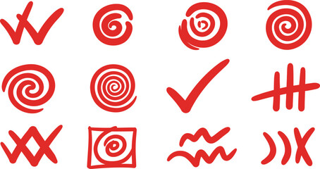 Poster - Red Hand-Drawn Doodle Spirals, Checkmarks & Marks - AI Generative
