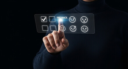 Poster - Person giving feedback by touching a digital interface with check boxes and emoticons on a black background