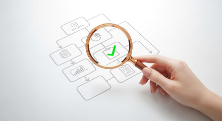 Poster - Hand holding magnifying glass over flowchart with green checkmark on white background