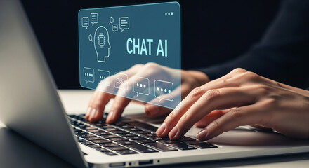 Aufkleber - Hands typing on a laptop with a chat ai interface overlay featuring speech bubbles and a head icon