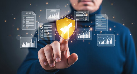 Poster - Man touching digital shield surrounded by reports and charts on a dark blue background