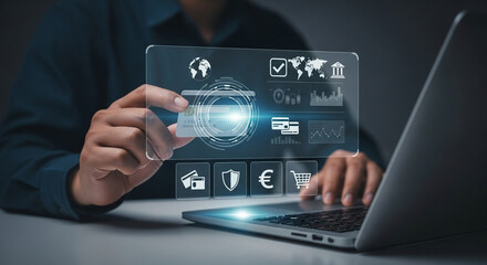 Poster - Man using laptop and credit card with digital interface for online banking and secure transactions
