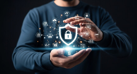 Aufkleber - Man holding a glowing shield with a padlock surrounded by icons representing data protection