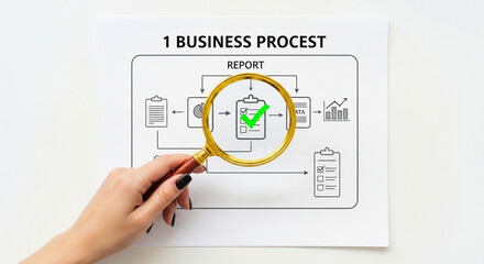 Poster - Hand holding a magnifying glass over a business process report with a green checkmark on a document