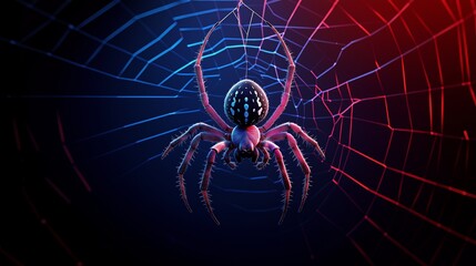 Spider on glowing web with blue and red lighting