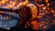 © Oleksiy - Futuristic gavel on electronic interface cyber law, tech regulations. Digital justice, governance, compliance in cyberspace. Modern tech, AI,