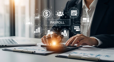 Poster - A person calculating payroll with digital icons floating above the calculator and documents on desk