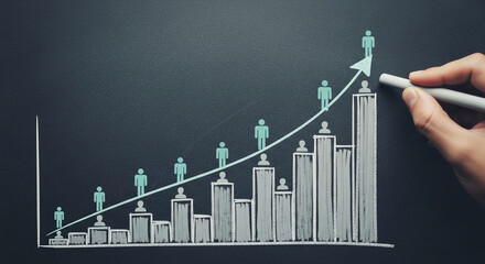 Poster - Hand drawing growth chart with stick figures on a chalkboard showing business success and development