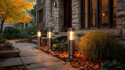 Poster - Contemporary metal pole lights placed along driveway for functional outdoor lighting