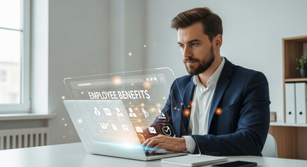 Poster - Man in suit working on laptop with employee benefits interface overlay at a bright office desk