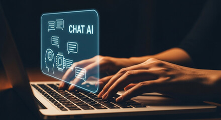 Aufkleber - Hands typing on a laptop with chat ai interface overlaying the screen in a dark environment scene